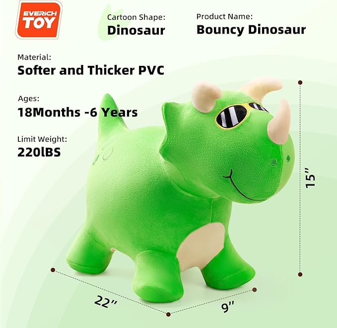 EVERICH TOY Bouncy Horse Dinosaur Toys, Inflatable Bouncing Animal Hopping Toys, Outdoor Indoor Ride on Bouncer, Boys Girls Birthday Gift for 18 Month 2 3 4 5 6 Year Old Kid- Plush Dinosaur Toy-PurrikoPets