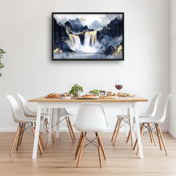 Extra Large Abstract Golden Waterfall Framed Wall Art for Living Room,Oversized Foggy Mountain Pictures Wall Decor,Canvas Print Painting Modern Artwork Bedroom Office Bathroom 36L" x 24W"-PurrikoPets