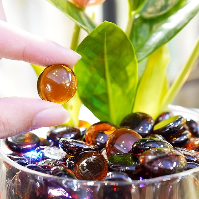 10LB Amber Flat Glass Marbles for Vases, Gemstone Beads Vase Filler Decorative Glass Pebbles for Fish Tank, DIY Crafts, Autumn Centerpieces, Aquarium Decor Rocks-PurrikoPets