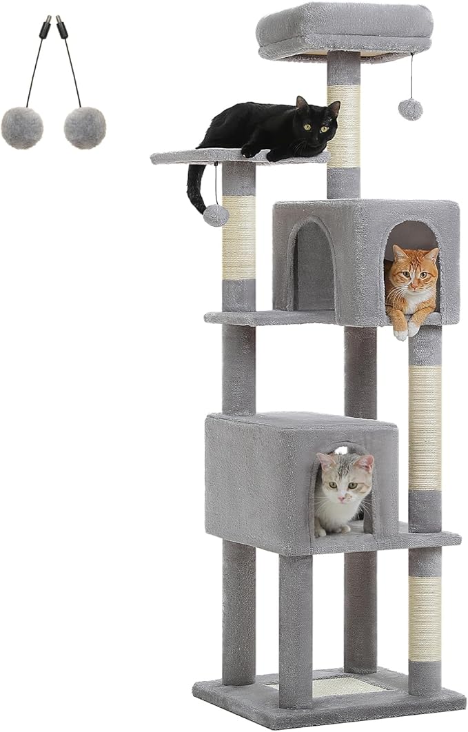 62-Inch Cat Tree for Indoor Cats, Large Cat Tower with Scratching Posts for Large Cats, 2 Bigger Plush Condos, Padded Platform, Soft Cat Bed and Scratching Pad, 2 Pompoms, Gray-PurrikoPets
