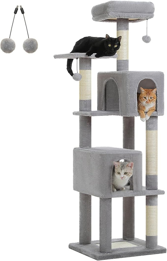 62-Inch Cat Tree for Indoor Cats, Large Cat Tower with Scratching Posts for Large Cats, 2 Bigger Plush Condos, Padded Platform, Soft Cat Bed and Scratching Pad, 2 Pompoms, Gray-PurrikoPets