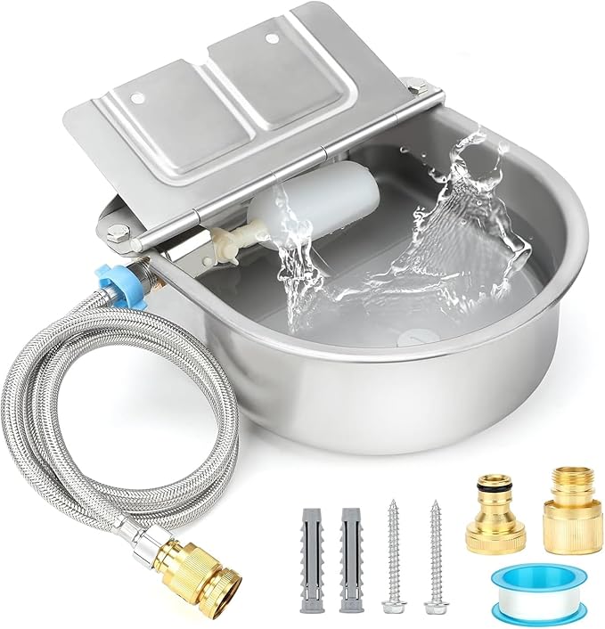 FHTONGE 304 Stainless Steel Automatic Dog Water Bowl Dispenser with Drainage and Float Valves, Large Auto Fill Dog Waterer for Outdoor Big Dogs Livestock Poultry Horse Cow Goat Pig Chicken Duck Rabbit-PurrikoPets