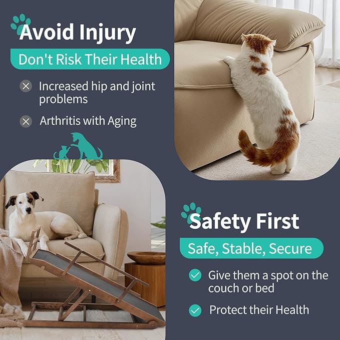 Dog Ramp, 5 Level Adjustable Height Folding Pet Ramp for High Bed, Portable Paw Ramps Large Bed Ramp for Medium & Large Old Dogs & Cats - Natural Wood Furniture Quality-PurrikoPets