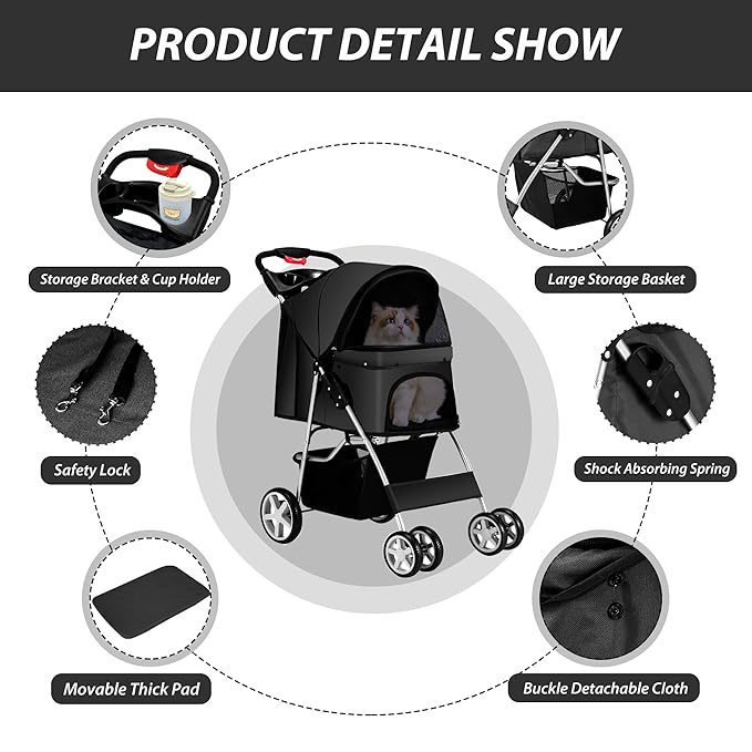 4 Wheels Pet Stroller for Small Medium Dogs Cats 10-33 lbs, Foldable Dog and Cat Stroller with Cup Holder & Storage Basket & Breathable Mesh, Pet Strolling Cart for All-Season, Black-PurrikoPets