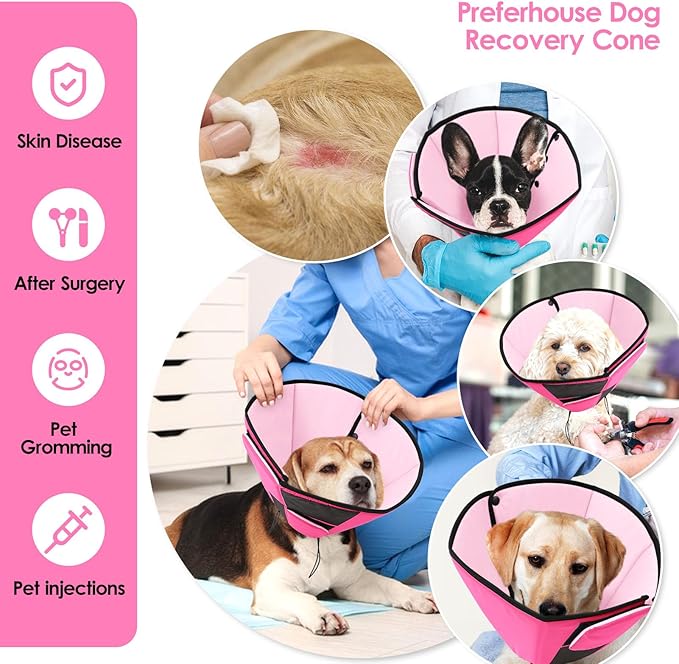 Dog Recovery Collar Cone for Medium Dogs, Adjustable Dog Cone Alternative After Surgery for Dogs to Stop Licking, Breathable Soft Cone for Medium Large Dogs, Pink M-PurrikoPets