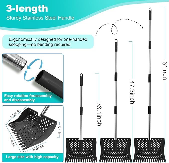 12-Inch 2-in-1 Chicken Poop Scooper & Rake – US Patent Pending – 3-Shape Sifting Holes Chicken Coop Rake，Stainless Steel Handle （20–61"）– Litter Scoop Sand & Sifting Shovel for Chicken Coops (Black)-PurrikoPets