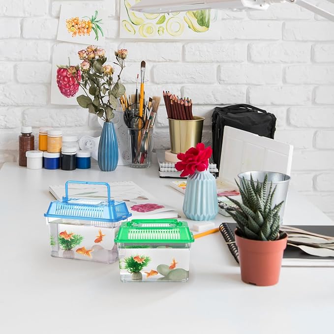 5pcs Small Fish Carrier with Breathable Lids, Portable Betta Fish Tank, Clear Breeding Boxes for Lizard, Turtle, Tarantula（Assorted Color）-PurrikoPets