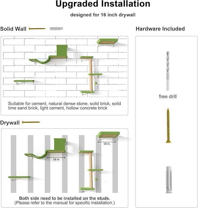 FUKUMARU Cat Wall Shelves, Stable & Safe 4 in 1 Cat Furniture Set, Wooden Climbing Wall with Scratching Post, Bridge and Bed, Stylish Jungle Gym for 16 Inch Drywall - Green-PurrikoPets