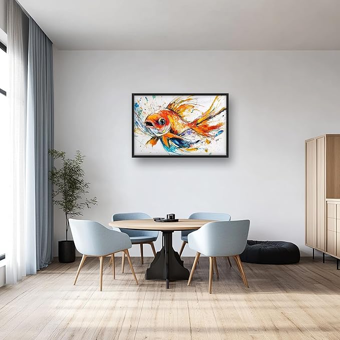 Framed Large Fish Wall Art for Living Room, Oversized Graffiti Goldfish Wall Decor Watercolor Fishing Canvas Painting Modern Artwork Home Decoration for Living Room Bedroom Office 36"x24"-PurrikoPets