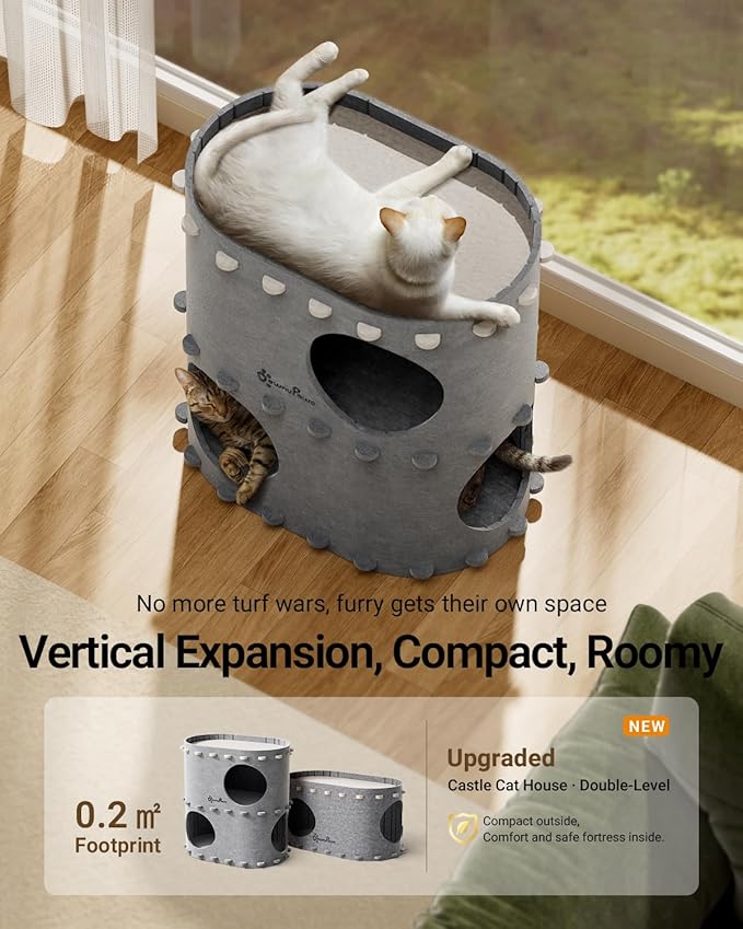 DownyPaws Cat House for Indoor Cats, 2-Storey Foldable Cat Bed Cave, Felt Cats Tunnel Bed Condo, Castle Kitten Cube Hideaway for Multicats, Scratch Resistant, Light Gray-PurrikoPets