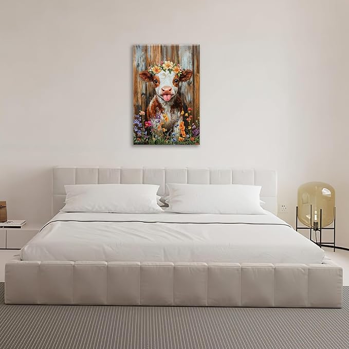 Funny Cow Bathroom Pictures Wall Art, Rustic Brown Cute Cow Bathroom Wall Decor, Farmhouse Floral Framed Painting Animal Flower Canvas Artwork for Bedroom Living Room Decorations 24"L x 16"W-PurrikoPets