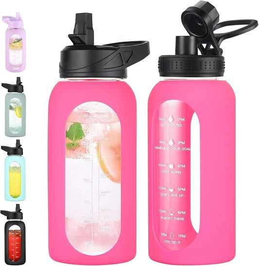 32 oz Glass Water Bottle with Straw and Handle, Sports Motivational Water Flask with Silicone Sleeve, Large Leakproof Water Flask Cup with Time Marker for Travel, Gym, Hot Pink-PurrikoPets