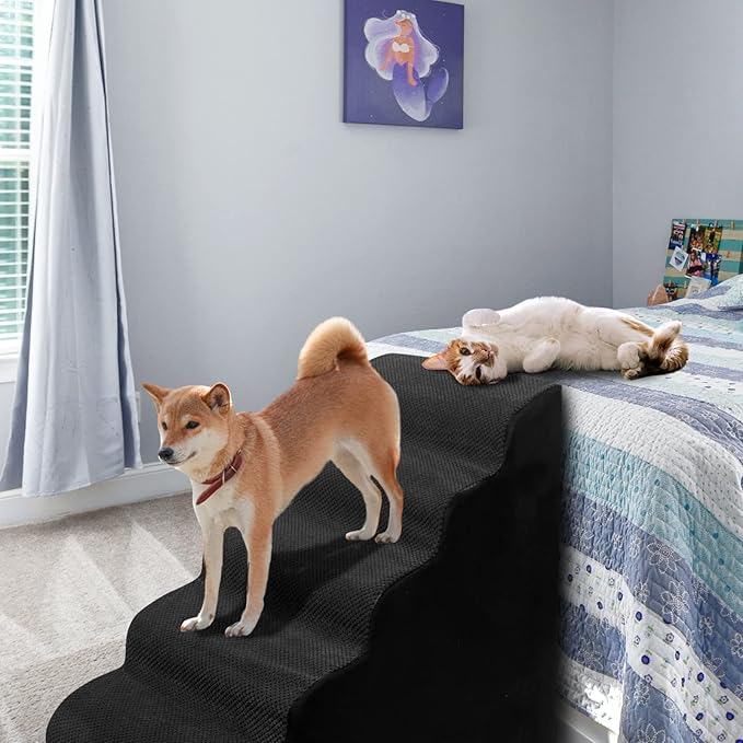 Dog Stairs&Steps for High Beds Up to 28'', 5-Step Dog Ramp for Small Medium Dogs with Washable Cover, Pet Steps for Cats to Get on Couch and Sofa, Durable Foam Ladders, 24.4" Tall, Black-PurrikoPets