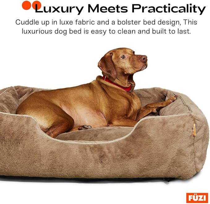 FUZI Luxury Aesthetic Dog Bed for Medium Dogs with Washable Cover, Pet Couch, Pet Bed with Sides, Non-Slip Bottom, Soft and Durable Calming Dog Bed, Faux Rabbit Fur, Medium 31.75x23.6x9.5 Light Brown-PurrikoPets