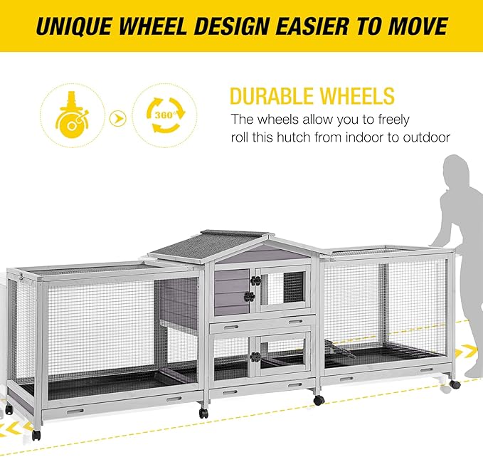 Aivituvin Rabbit Hutch Large 2-Story Bunny Cage Indoor Outdoor on Wheels Bunny House with Run,Pull-Out Tray-PurrikoPets