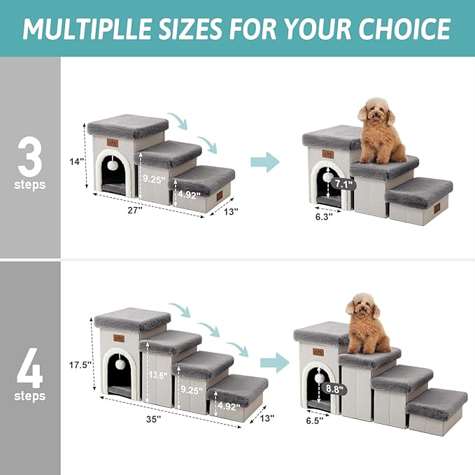 Dog Stairs for Small Dogs with Storage and Condo, 14" H Foldable Pet Stairs for Small Medium or Puppy Dogs and Older Cats, Dog Steps for Bed or Couch, 13x27x14 inch, 3 Tiers, Grey-PurrikoPets