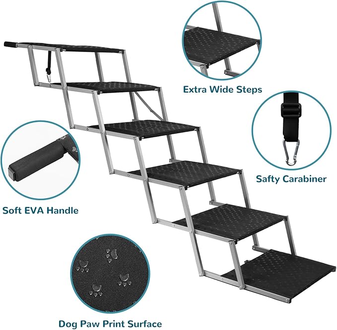 Extra Wide Dog Stairs for Large Dogs,Dog Ramps for Cars,Portable Folding Doggy Stairs for Cars,SUV,Trucks,Pet Ramp with Non-Slip Surface,Pet Steps Supports Up to 250 lb,6 Steps-PurrikoPets