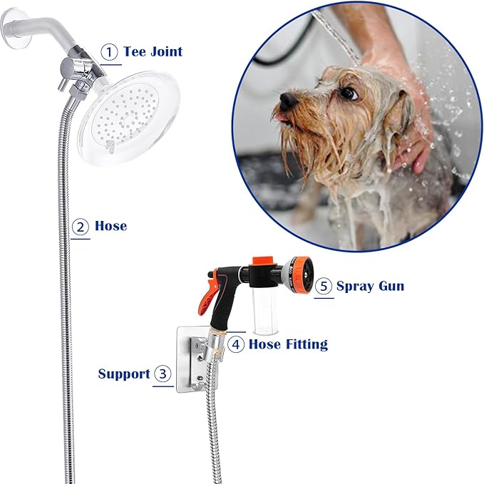 Dog Shower Attachment Water Hose Nozzle Sprayer Set with Metal 3-Way Shower Diverter & 6.6 Ft Long Hose for Bathroom Shower Arm Easy Indoor Outdoor Pet Pup Dog Washing Hose attachment-PurrikoPets
