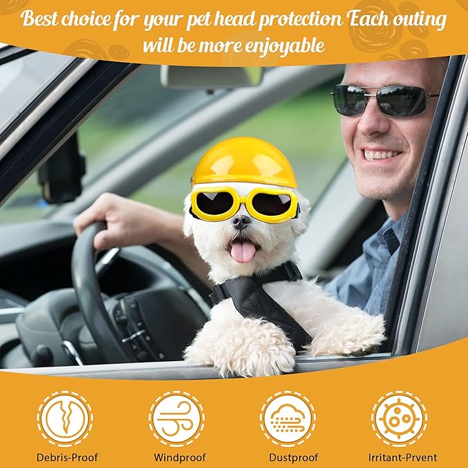 Frienda Dog Helmet and Goggles, UV Protection Doggy Sunglasses and 4 Inch Padded Puppy Motorcycle Helmet Adorable Dog Goggles with Adjustable Belt for Small Dogs Puppy Riding(Yellow,S)-PurrikoPets