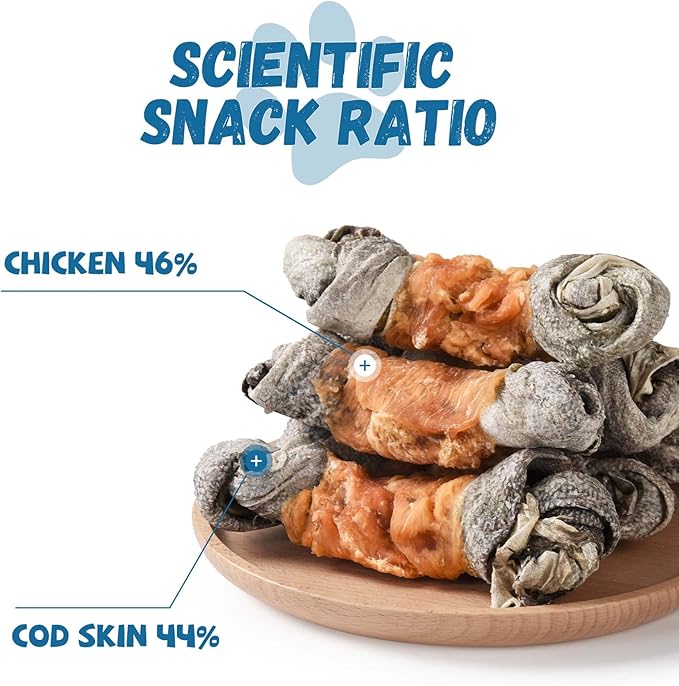 Dog Treats Chicken Wrapped Cod Skin Knotted Bones-6.5", All-Natural Healthy Fish Skin Dog Chew Treats, Rich in Omega-3 Protein, 4 Counts, 10.6 OZ-PurrikoPets