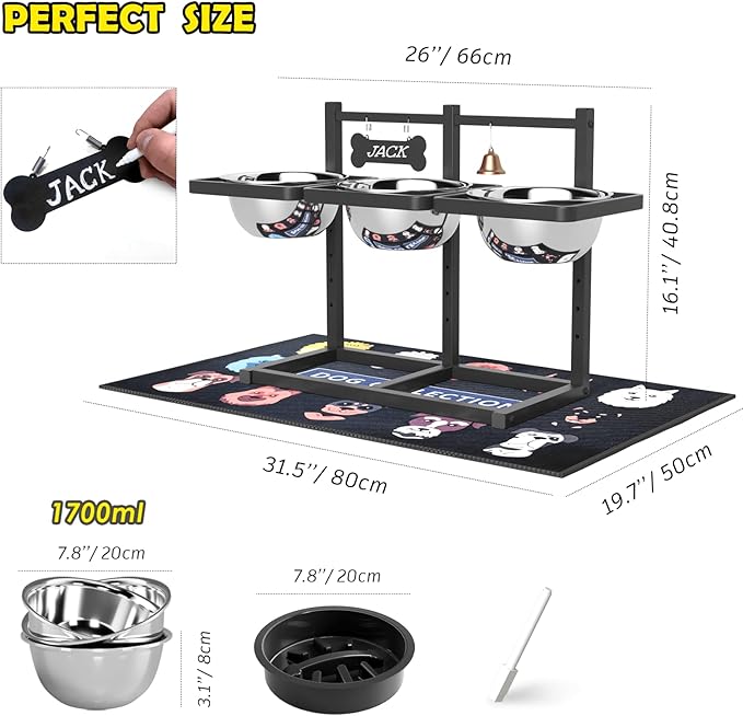 Elevated Dog Bowl Stand for Medium/Large Dogs with Slow Feeder & Mat, Adjustable Height 3.9'',5.5'',7.1'',8.7'',10.2'',11.8'', 58oz Raised Triple Dog Food Water Bowls-PurrikoPets