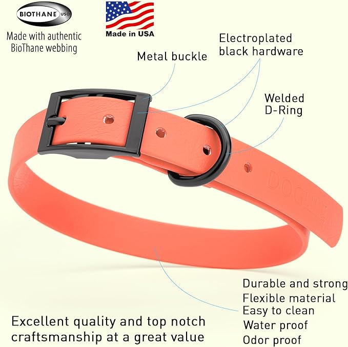 Dogline Biothane Waterproof Dog Collar Strong Coated Nylon Webbing with Black Hardware Odor- Proof for Easy Care Easy to Clean High Performance Fits Small Medium or Large Dogs, Coral-PurrikoPets