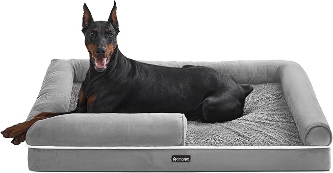 Feandrea Orthopedic Dog Bed, Large Dog Bed Waterproof, Removable Washable Cover Sofa with Non-Slip Bottom, Raised Edges, 48 x 33 x 8 Inches, Light Gray UPGW078G02V1-PurrikoPets