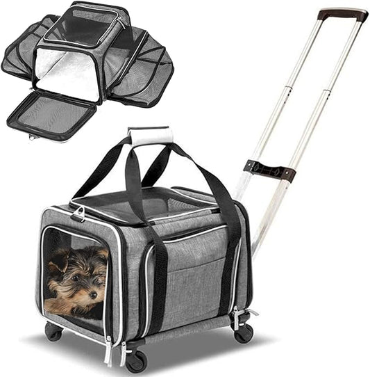 Airline Approved Expandable Premium Pet Carrier on Wheels- Two Sided Expandable Rolling Carrier- Designed for Dogs & Cats- Extra Spacious Soft Lined Carrier! (Grey)-PurrikoPets