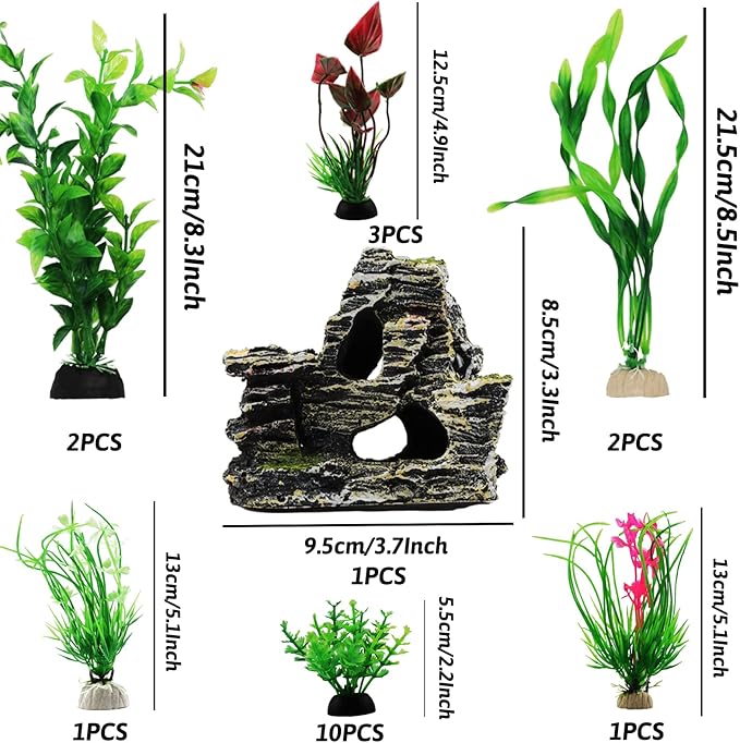 Fish Tank Accessories Aquarium Decorations Rock Plants, 20pcs Green Fish Tank Decorations Plants and Cave Rock Decoration Decor Set, Fish Tank Decor, Aquarium Decor Plastic Plants-PurrikoPets