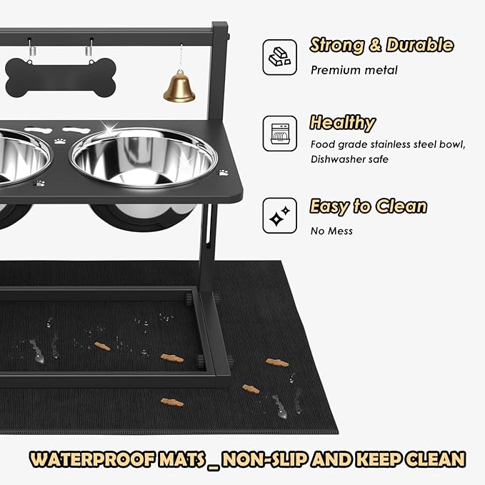 Elevated Dog Bowls with Slow Feeder and Spill Proof Mat, Adjustable Height 4.3-11.8'', Two 1.7L Stainless Steel Food & Water Bowls, Metal Raised Dog Bowl Stand, for Large Medium Breeds-PurrikoPets