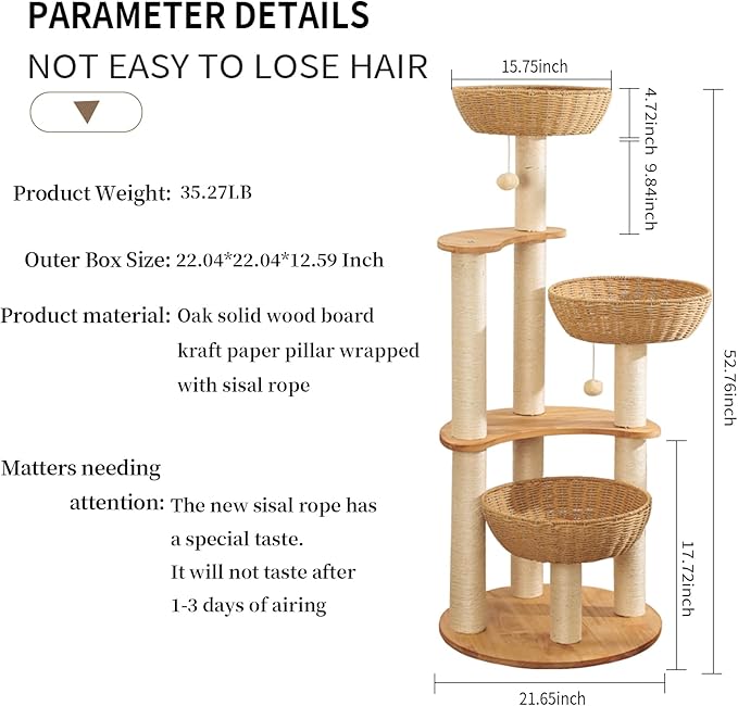 54" Modern Cat Tree Tower for Indoor Cats, Oak Cat Scratching Tree for Multiple Large Cats, Manual Hand Woven Luxury Cat Condo, Unique High-end Design Cat Furniture Activity Centre, Easy Clean-PurrikoPets