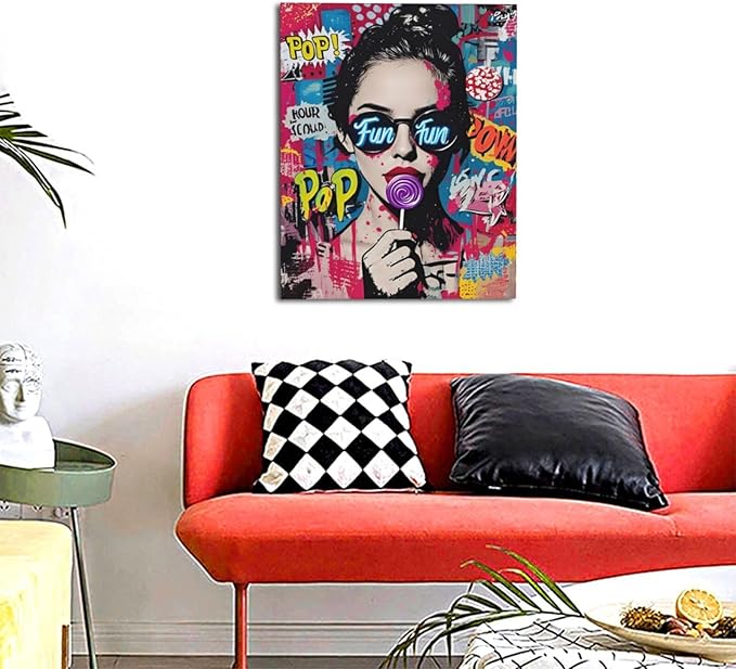 Fashion Women Wall Art Glam Modern Artwork for Girls Banksy Street Graffiti Pop Art Canvas Pictures Painting Print Framed Decorations Gifts for Bedroom Living Room Office 16"x20"-PurrikoPets