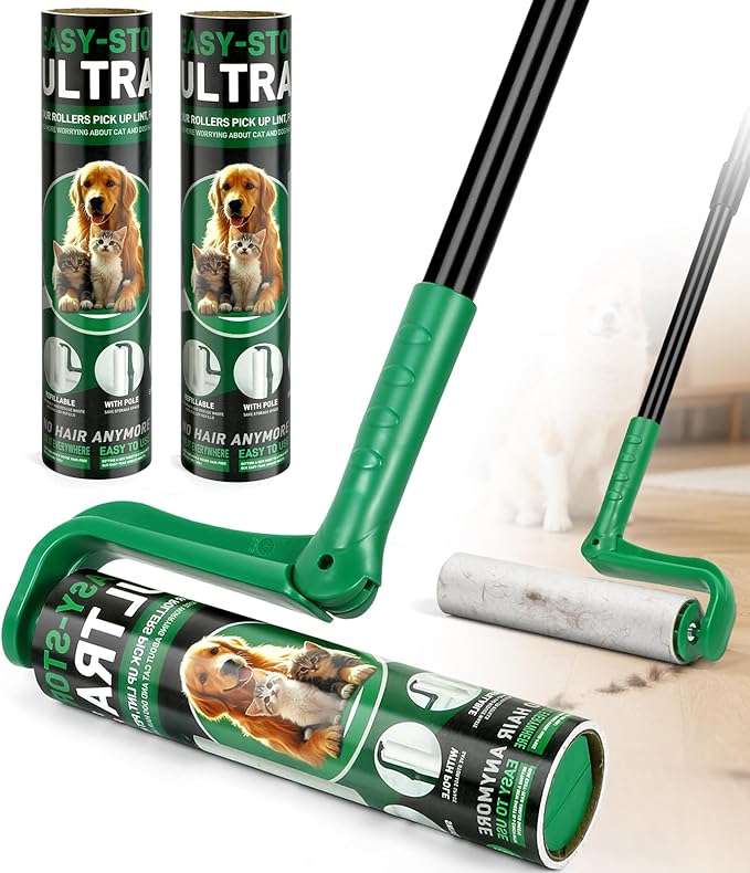 10" Large Lint Roller for Pet Hair Extra Sticky, Long Handle Floor Sticky Rollers with Big Lint Roller Refills for Cleaning Carpets, Cars, Furniture,Clothing, and Pet Hair,Green-PurrikoPets