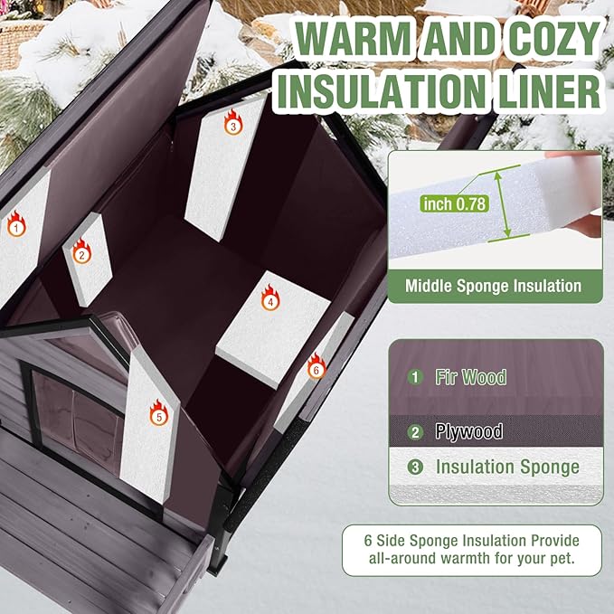 Dog House Outdoor Insulated for Winter, Puppy Kennel with Anti-Chewing Iron Frame, Weatherproof Dog Crate with Insulated Liner for Small Medium Large Dogs (Grey, 45" x 32.9" x 32.6")-PurrikoPets