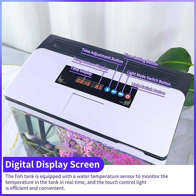 Glass Aquarium Fish Tank Starter Kit with Temperature and Time Display for Betta Fish Featuring Crystal Clear 360° Viewing, Eco-Cycle Filtration, Air Pump 12 Gallon-PurrikoPets