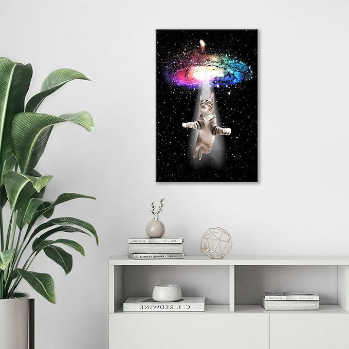 Funny Cat Wall Art Canvas Galaxy Wall Decor Prints Framed Painting Animal Pictures Gifts Artwork for Bathroom Living Dining Kitchen 16"x24"-PurrikoPets