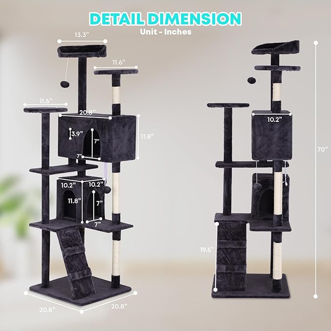 FDW Cat Tree 70in Cat Tower Multi-Level Durable Cat Scratching Post & Cozy Fun Cat Jumping Platform Space Saving Cat Condo Pet Play House for Indoor Cats,Ashy-PurrikoPets