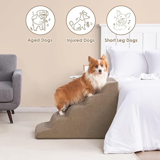 EHEYCIGA Curved Dog Stairs Ramp for High Beds, 5-Step Extra Wide Dog Steps for Small Dogs and Cats, Pet Stairs for High Bed Climbing, Non-Slip Balanced Pet Step Indoor, Camel-PurrikoPets