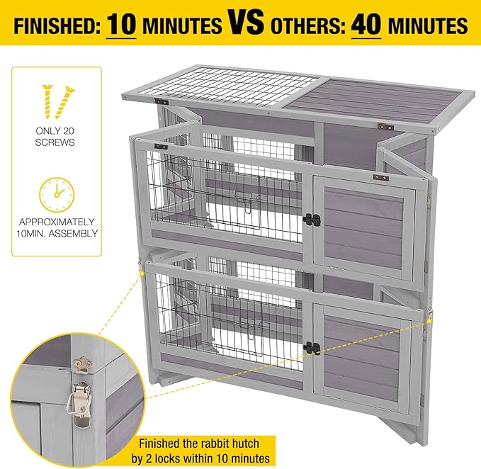 Aivituvin Large Rabbit Hutch Indoor and Outdoor Folding Bunny Cage on Wheels Guinea Pig Cage with Deep No Leak Pull Out Tray,Upgrade Version (Light Gray)-PurrikoPets