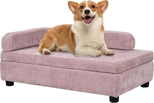 AFBKSS&BB Pet Sofa with Hidden Storage for Puppy and Cat,Linen Fabric Dog Sofa,Cat Couch with Wooden Frame (Pink)-PurrikoPets