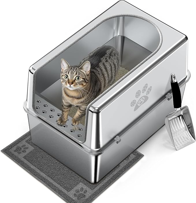 Enclosed Stainless Steel Cat Litter Box with Lid, Metal Litter Box for Big Cats, Extra Large Cat Toilet with High Side, Non-Stick, Anti-Leakage, Odorless, with Cats Litter Mat & Litter Scoop-PurrikoPets