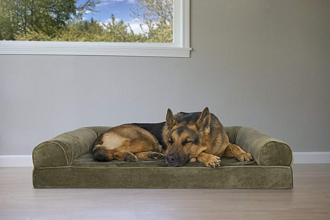 Furhaven Orthopedic Dog Bed for Large Dogs w/ Removable Bolsters & Washable Cover, For Dogs Up to 95 lbs - Faux Fur & Velvet Sofa - Dark Sage, Jumbo/XL-PurrikoPets