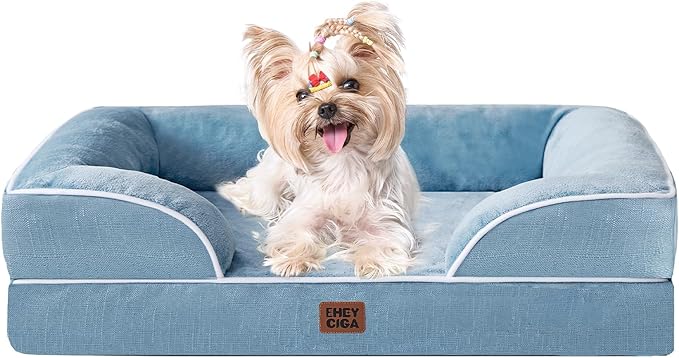EHEYCIGA Orthopedic Dog Bed for Small Dogs, Waterproof Memory Foam Small Dog Beds with Sides, Non-Slip Bottom and Egg-Crate Foam Medium Pet Couch Bed with Washable Removable Cover, Washed Blue-PurrikoPets