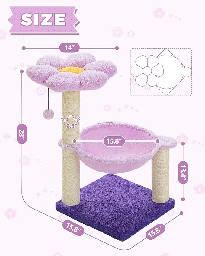 Flower Cat Scratching Post, 28" Cute Cat Tree Tower for Indoor Cats with Large Hammock Soft Perch Bed, Replaceable Toy Ball for Kittens, Purple-PurrikoPets