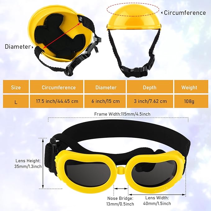Frienda Dog Helmet and Goggles, UV Protection Doggy Sunglasses and 4 Inch Padded Puppy Motorcycle Helmet Adorable Dog Goggles with Adjustable Belt for Small Dogs Puppy Riding (Yellow,L)-PurrikoPets