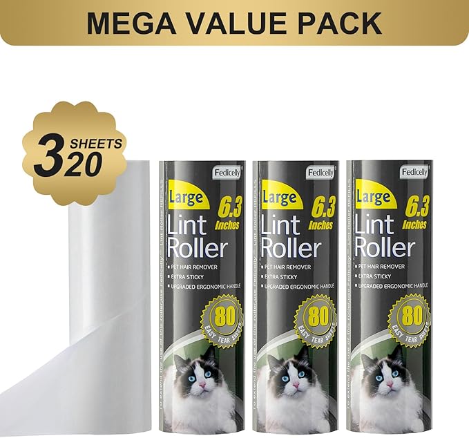 Fedicelly Large Lint Rollers Pet Hair Extra Sticky Refills,Mega Value Set 6.3 inches Wider with 320 Sheets for Cat and Dog Hair Removal,80 Sheets Per Roller-PurrikoPets
