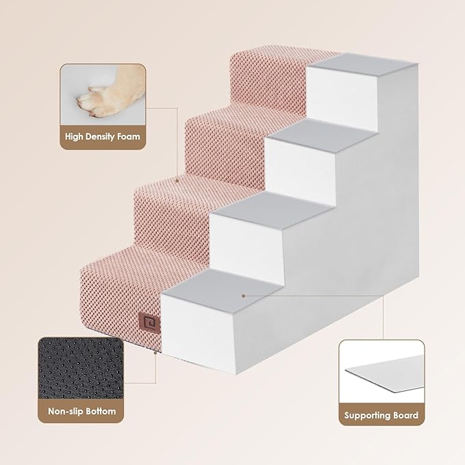 EHEYCIGA Dog Stairs for Bed 18" H, 4-Step Dog Steps for High Bed, Pet Steps for Small Dogs and Cats, Non-Slip Balanced Pet Ramp Indoor, Pink-PurrikoPets