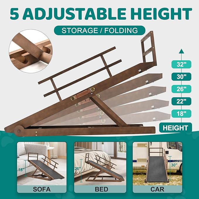 Dog Ramp for Bed, Adjustable Pet Ramps for Dog to Get on Bed, Non-Slip Rubber Surface - Folding Wooden Dog Ramp for Small/Large/Old Dogs, Adjustable up to 31 inch High Beds, Safety Railings-PurrikoPets