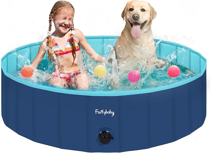 Furrybaby Dog Pool, Foldable Dog Pools for Large Dogs Portable Kiddie Pool Pet Doggie Wading Swimming(Navy 47'') Indoor and Outdoor-PurrikoPets
