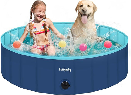 Furrybaby Dog Pool, Foldable Dog Pools for Large Dogs Portable Kiddie Pool Pet Doggie Wading Swimming(Navy 47'') Indoor and Outdoor-PurrikoPets